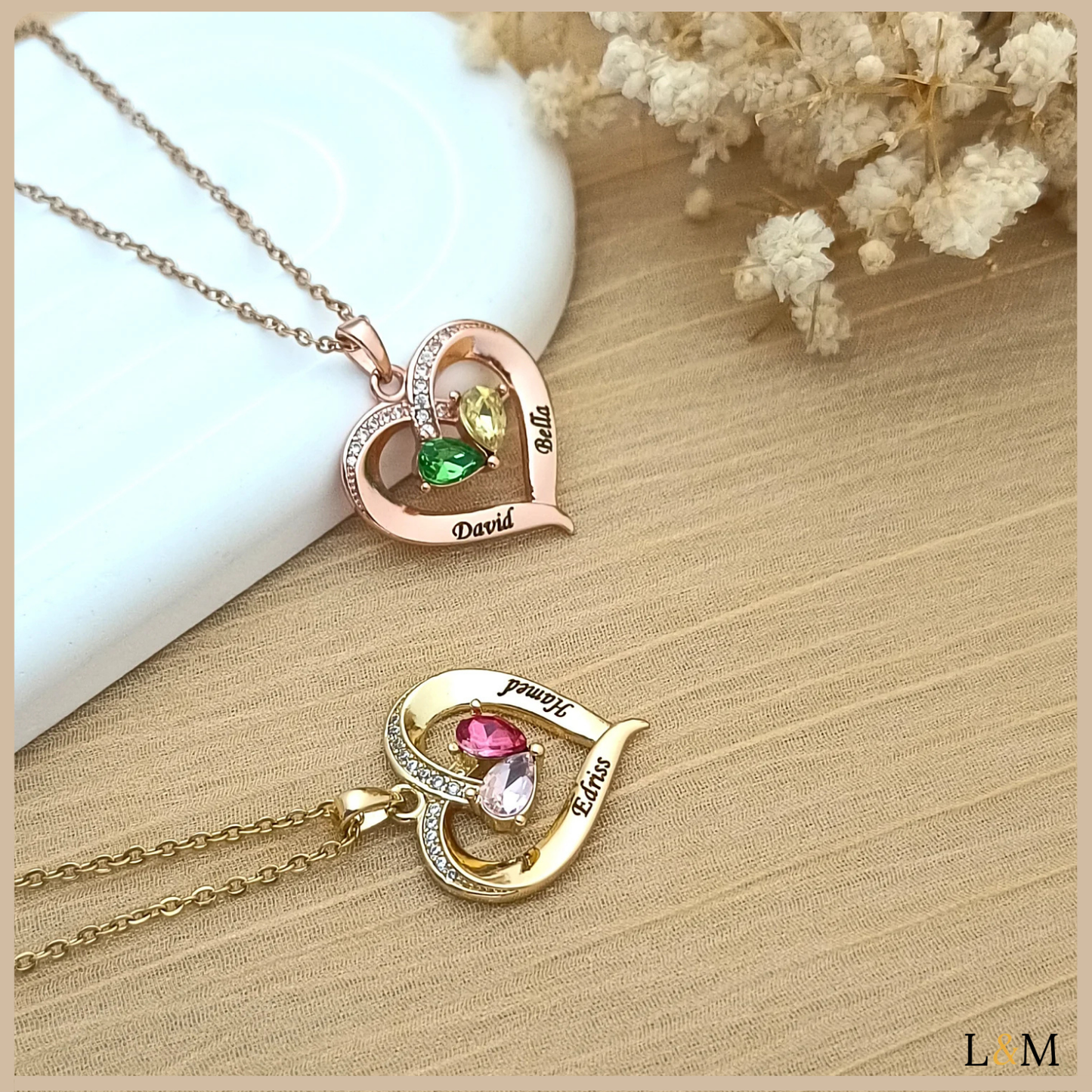 Collar de corazón personalizado: piedra de nacimiento y nombre