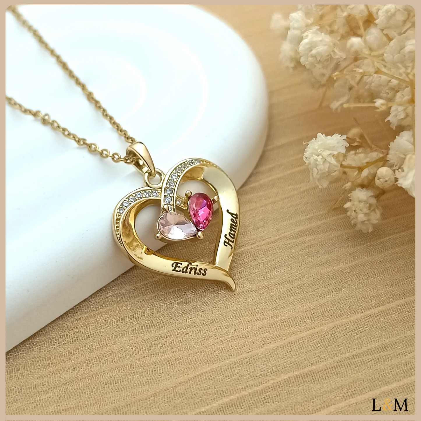 Collar de corazón personalizado: piedra de nacimiento y nombre