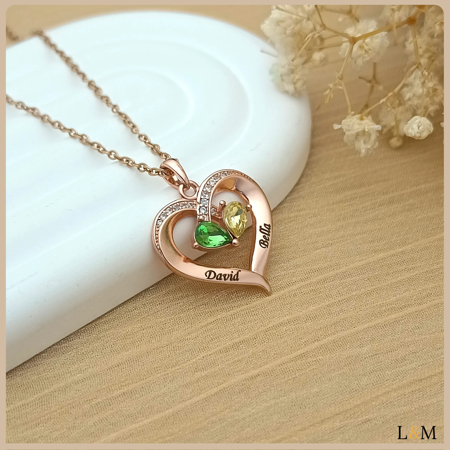 Collar de corazón personalizado: piedra de nacimiento y nombre