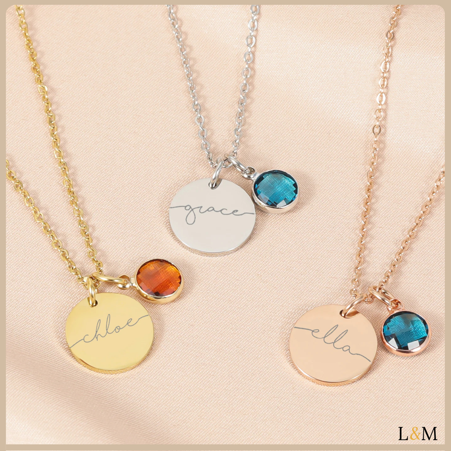 Collar con piedra de nacimiento y nombre grabado