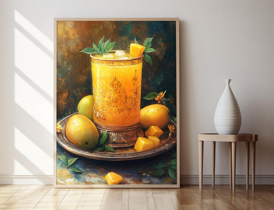 Affiche Aam Panna – Impression Art d'un Récipient Cuivré avec Mangues et Motifs Paisley