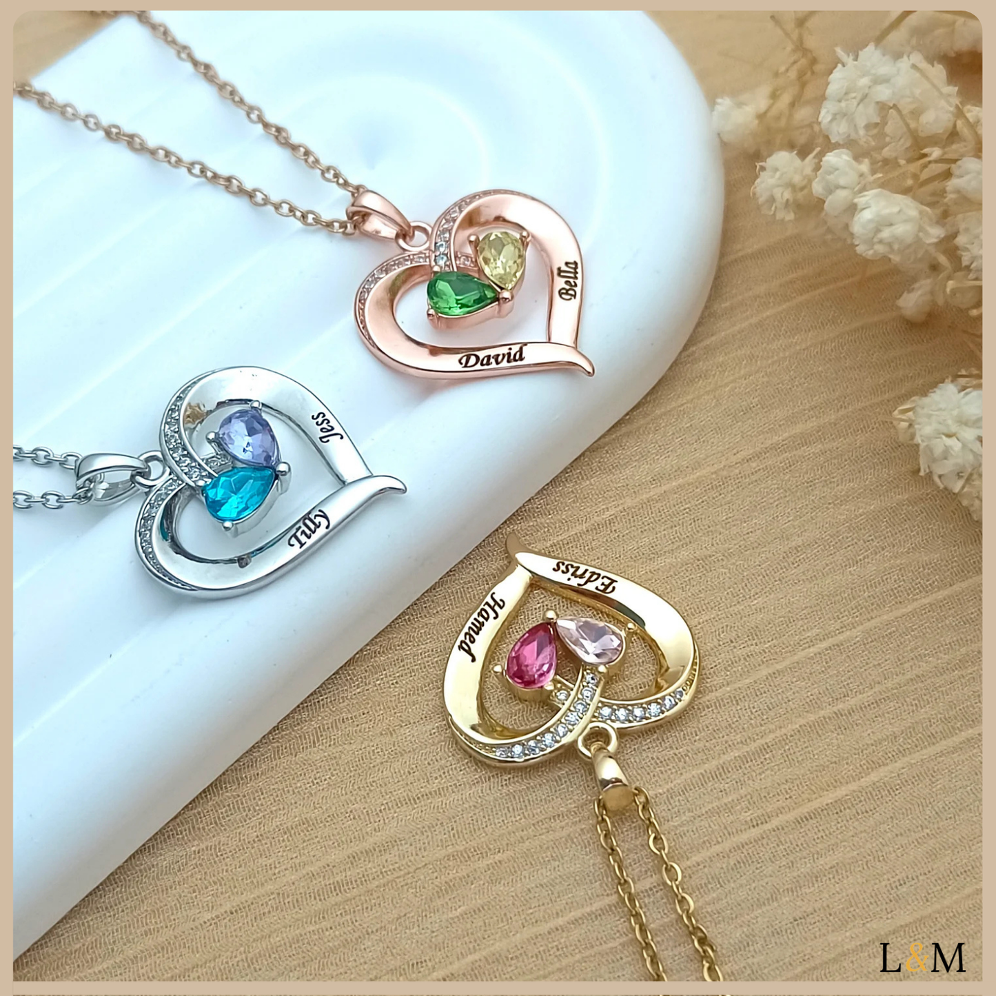 Collar de corazón personalizado: piedra de nacimiento y nombre