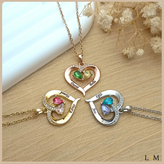 Collar de corazón personalizado: piedra de nacimiento y nombre