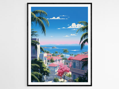 Affiche Cuba – Poster Art de Ville Côtière : Palmiers au Couché de Soleil