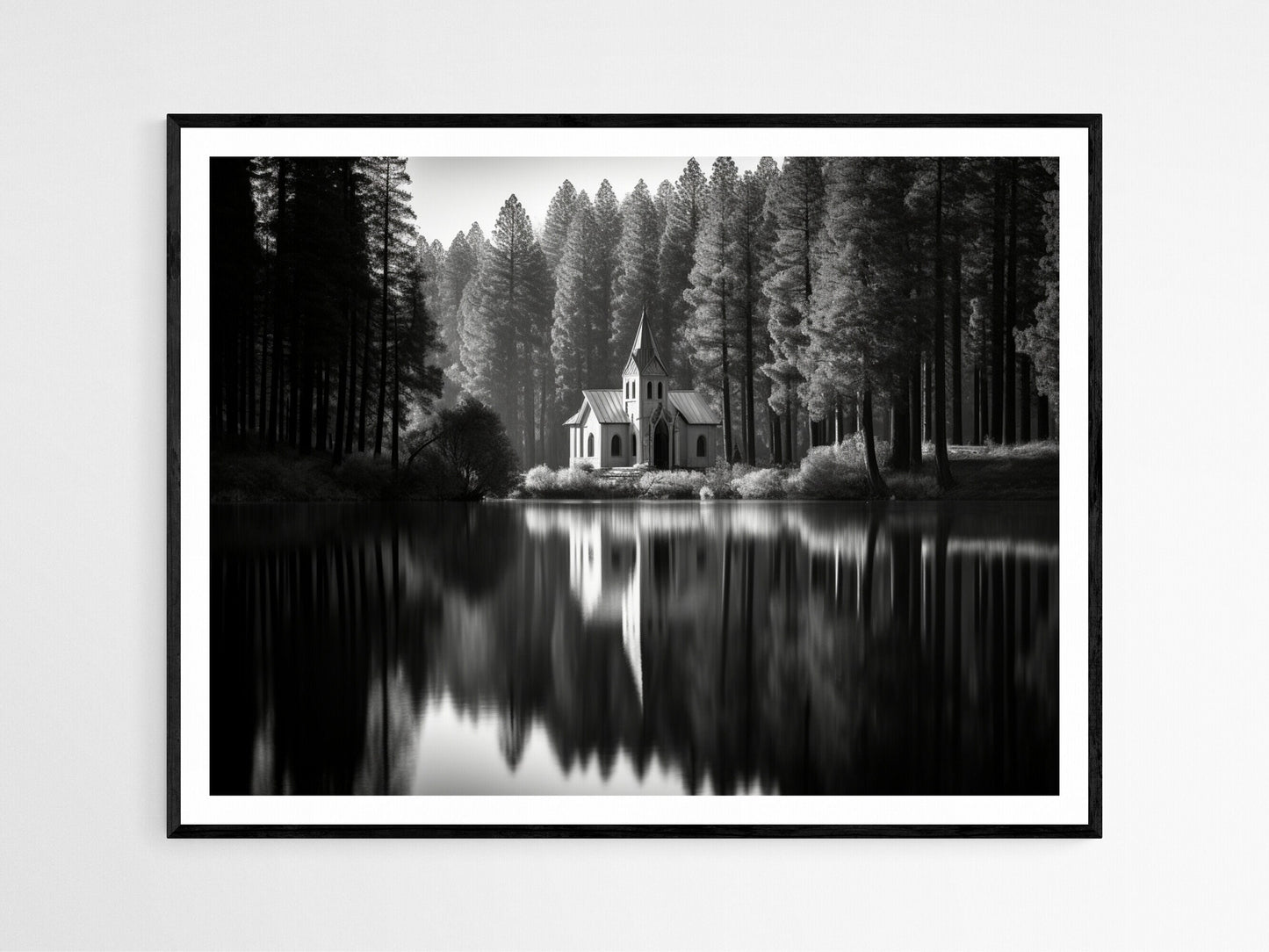 Affiche Église Sereine au Bord du Lac – Impression Décorative de Paysage