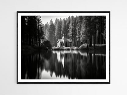 Affiche Église Sereine au Bord du Lac – Impression Décorative de Paysage