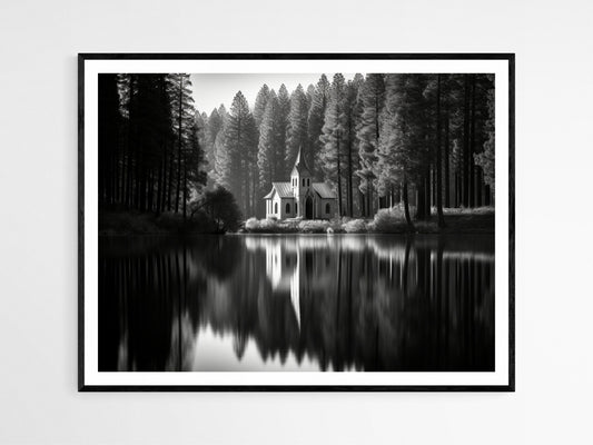 Affiche Église Sereine au Bord du Lac – Impression Décorative de Paysage