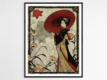 Affiche Hanafuda – Illustration de Geisha Japonaise Élégante