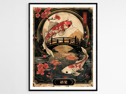 Affiche Hanafuda Japonaise – Poster Illustration de Koi et Jardin