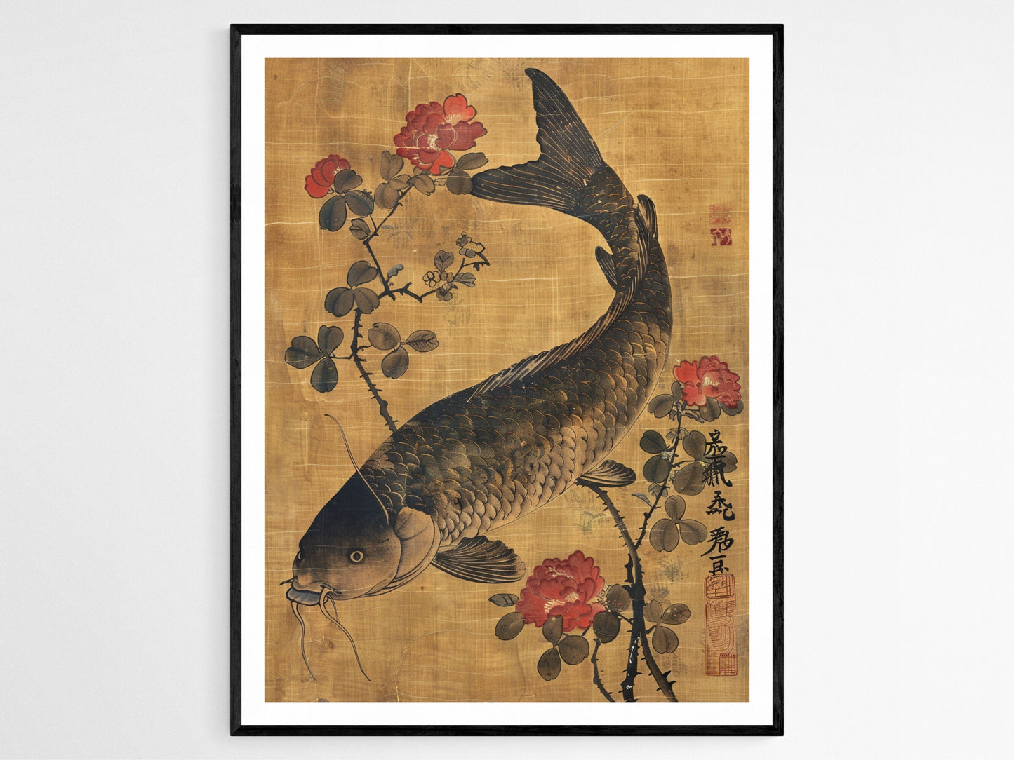 Affiche Art Shin Hanga – Imprimé Japonais de Carpe et Roses