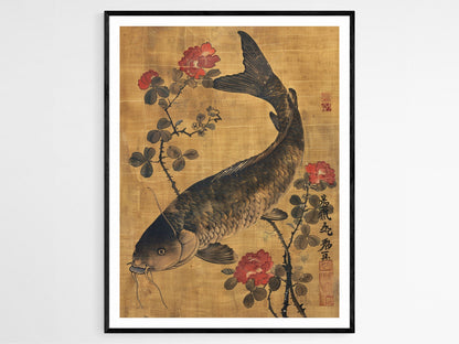 Affiche Art Shin Hanga – Imprimé Japonais de Carpe et Roses