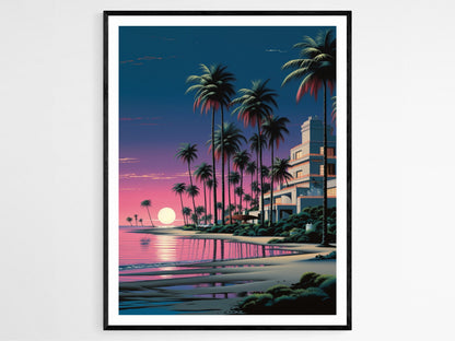 Affiche Coucher de Soleil Plage – Poster Rétro Palmiers Décor Coastal