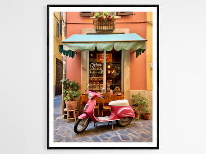 Affiche Vespa Rose – Poster Scène de Boulangerie Méditerranéenne