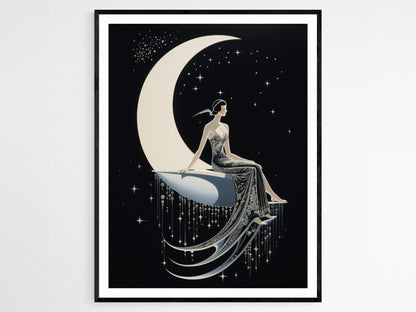 Affiche Art Déco Femme sur Lune – Poster Années Folles Élégant