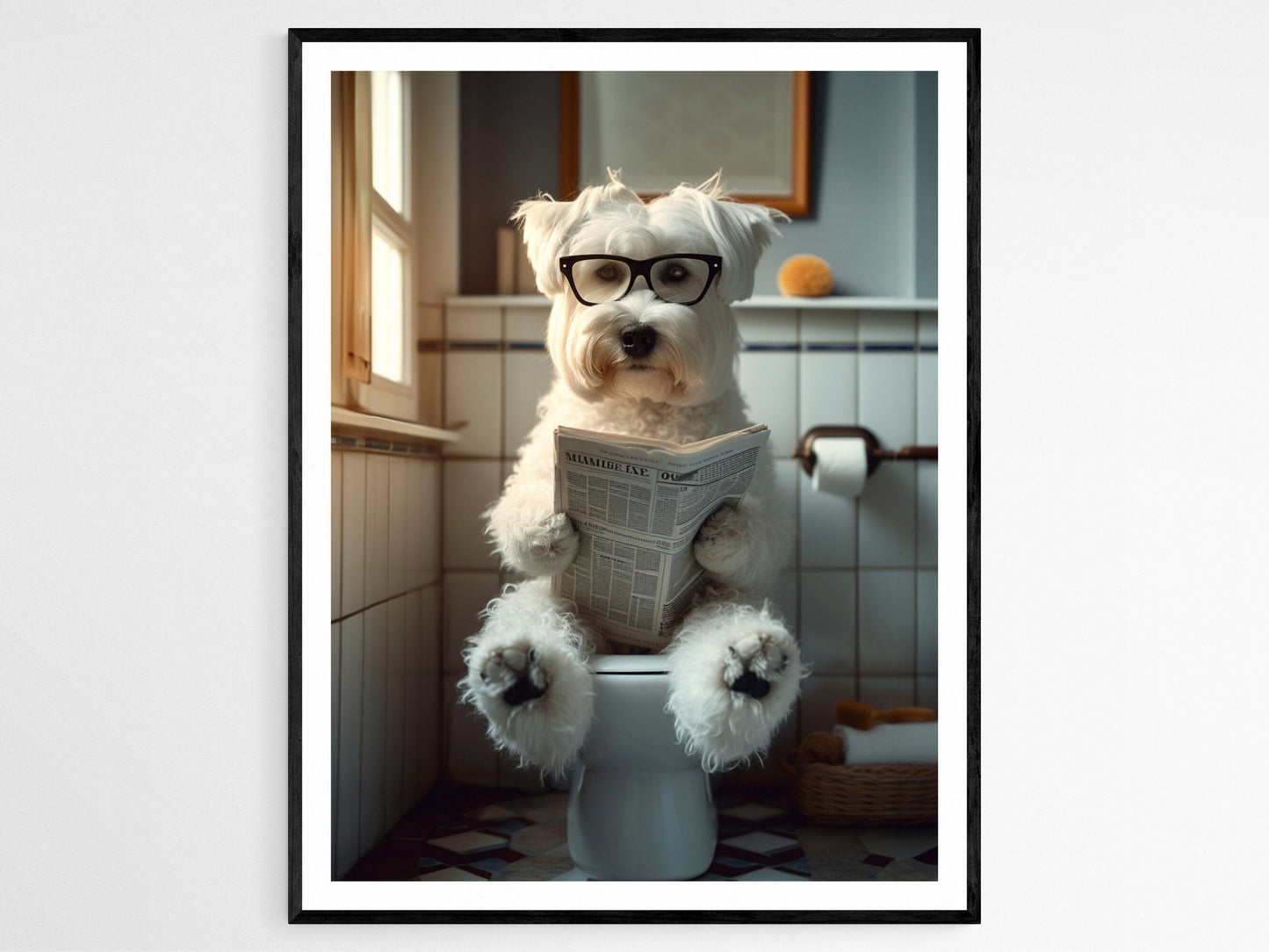 Affiche Chien Lisant le Journal – Poster Humoristique pour Salle de Bain
