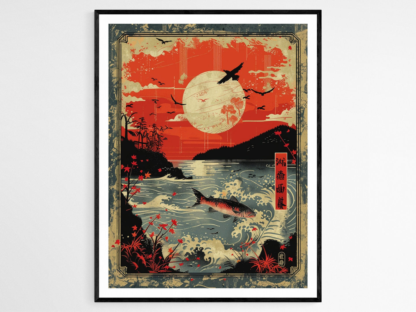 Affiche Art Floral Japonais – Design de Carte Hanafuda, Décor Élégant