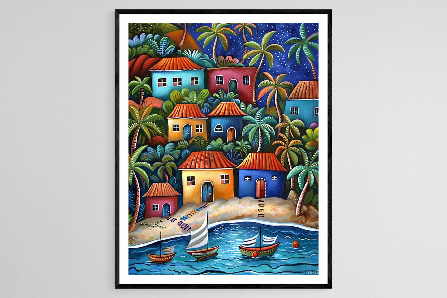 Affiche Trinidad et Tobago – Impression artistique d'un village côtier coloré