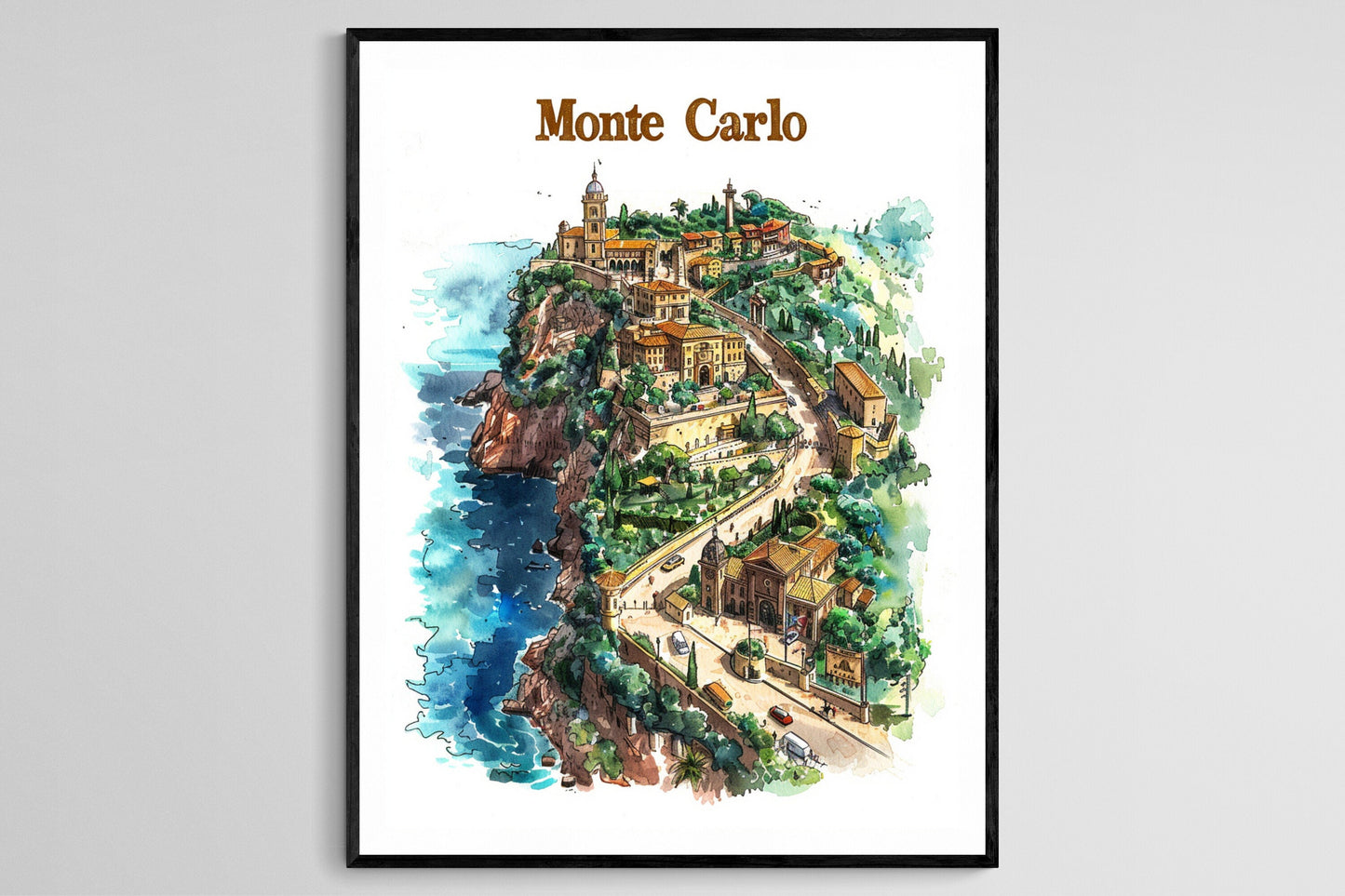 Affiche Monte Carlo – Poster Scène côtière vibrante, déco méditerranéenne