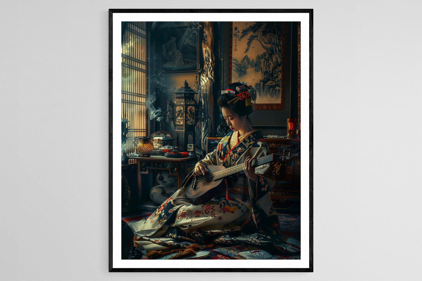 Affiche Geisha – Peinture à l'aquarelle japonaise de musicienne Biwa