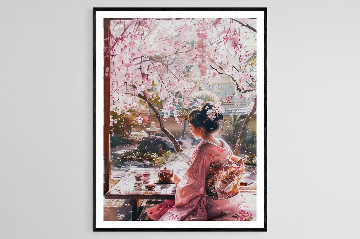Affiche Geisha en Kimono – Art de la cérémonie du thé dans un jardin japonais