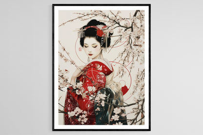 Affiche Geisha Japonaise – Peinture Aquarelle, Art Mural Traditionnel