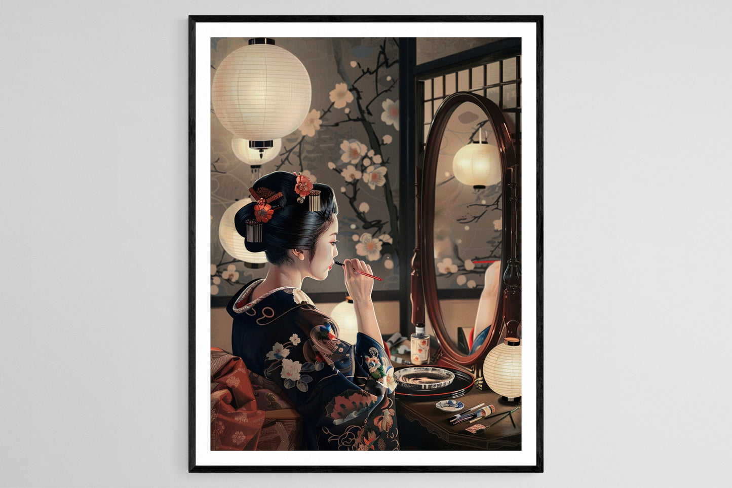 Affiche Geisha Japonaise – Tableau Aquarelle Fait Main
