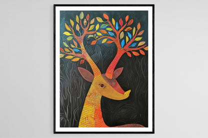 Affiche Cerf Gond – Poster Art Populaire Indienne Artisanale