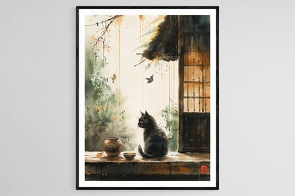 Affiche Zen Cat Teahouse – Illustration Japonaise Wabi-Sabi