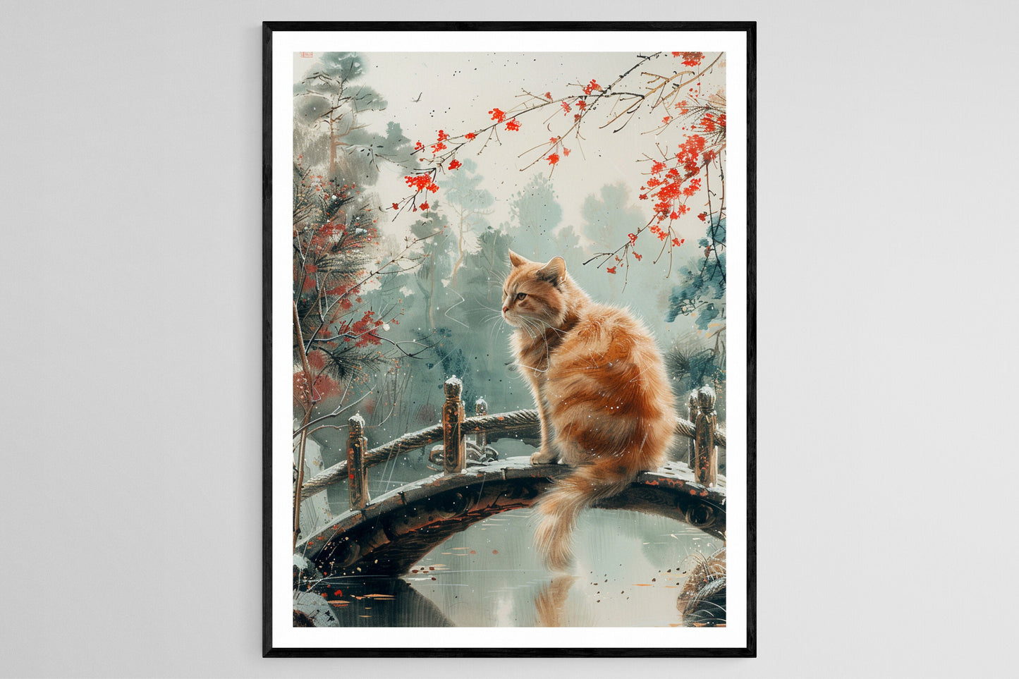 Affiche Chat Élégant sur un Pont Japonais – Art Traditionnel Apaisant
