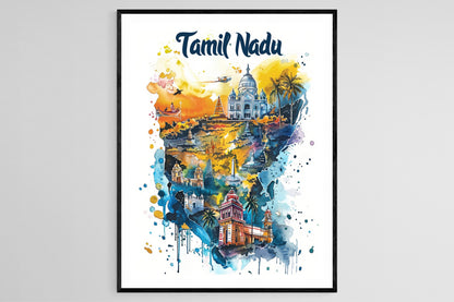 Affiche Culturelle du Tamil Nadu – Carte Voyage Colorée du Sud de l'Inde