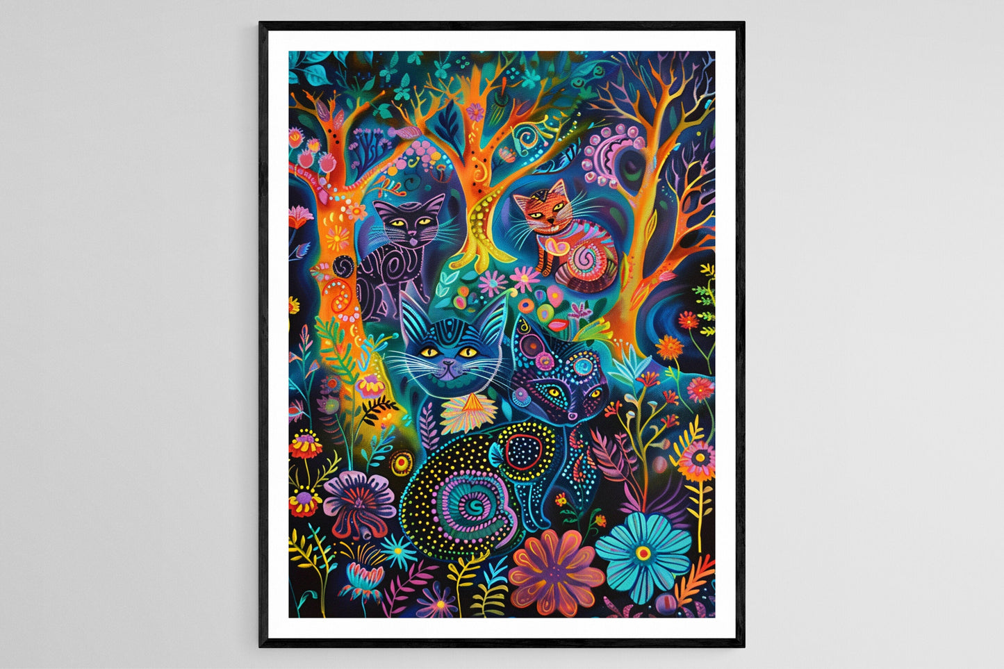 Affiche Chats Ludiques dans une Forêt Magique – Peinture Inspirée de Louis Wain