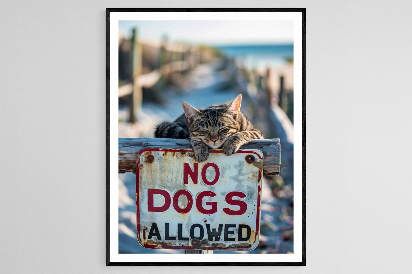 Affiche Chat Drôle sur Panneau 'Chiens Interdits' - Art Animalier Amusant