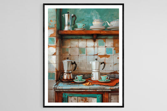 Affiche Scène Matinale : Savourez le Bonheur du Cafecito Mañanero