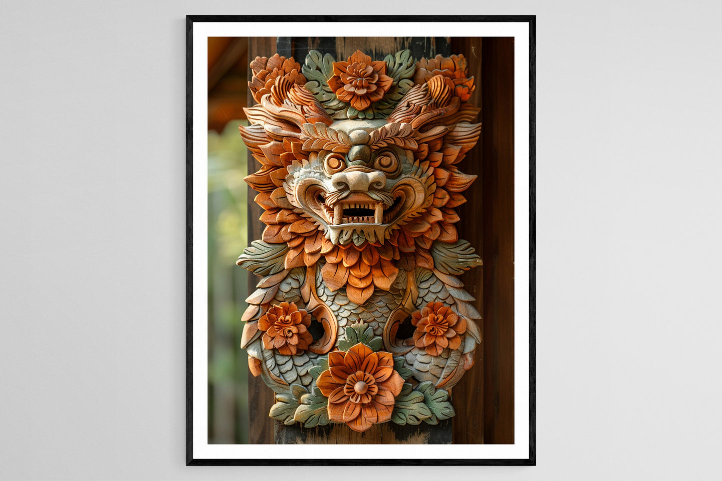 Affiche en bois sculpté balinais – Art traditionnel et motifs raffinés