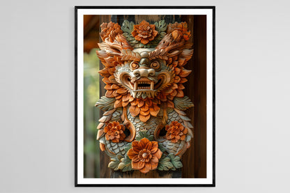 Affiche en bois sculpté balinais – Art traditionnel et motifs raffinés