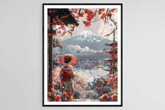 Affiche Élégante Geisha – Peinture Kimono Japonais avec Mont Fuji