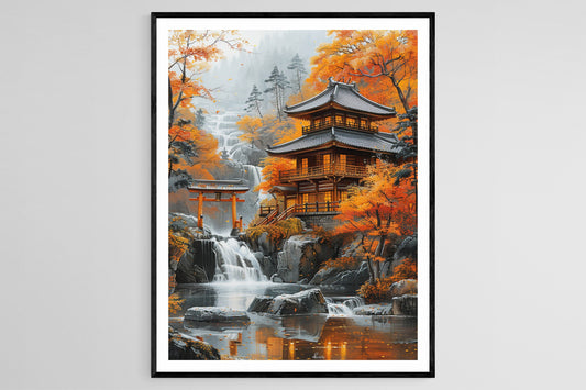 Affiche Automne au Temple Japonais – Peinture de Feuillage et Torii