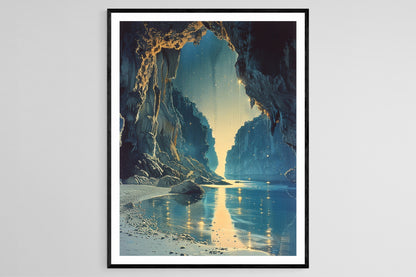 Affiche Magique des Grottes de Waitomo – Poster Luminaires et Rivière Réfléchissante