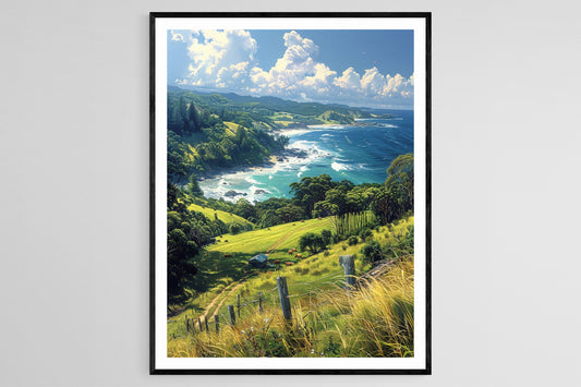 Affiche Byron Bay - Art du coucher de soleil sur collines paisibles