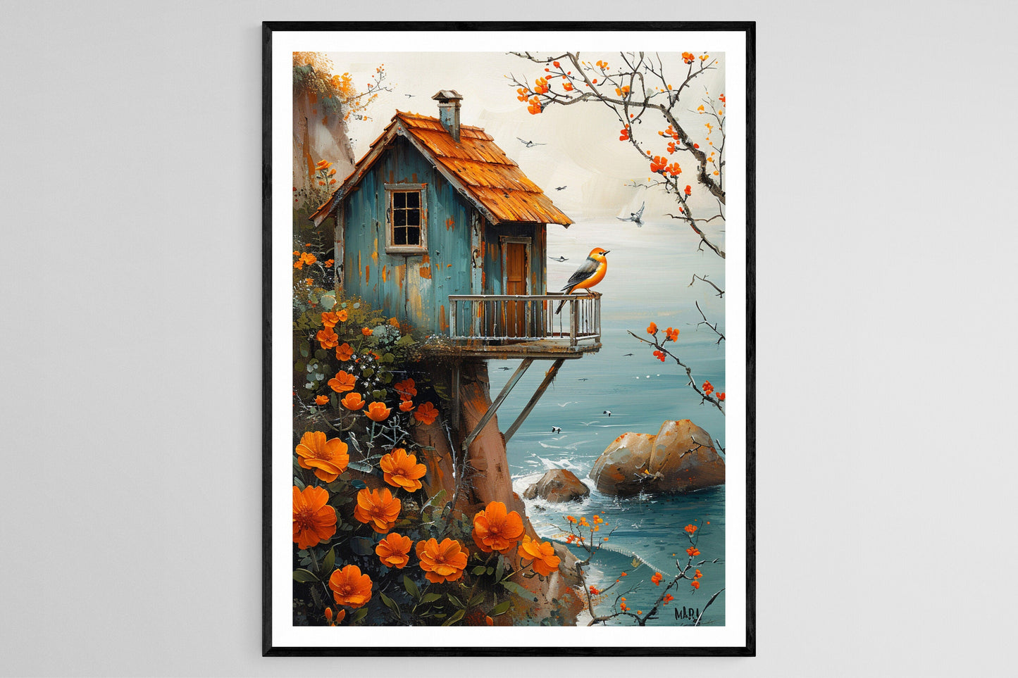 Affiche Maison de Plage – Peinture d'Oiseaux Côtière pour Décor