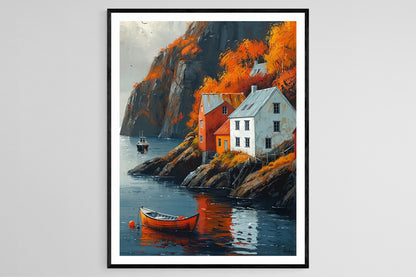 Affiche Village côtier islandais – Poster peinture automnale vibrante