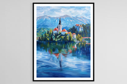 Affiche Lac Bled – Tableau église sur l'île et eaux paisibles en Slovénie