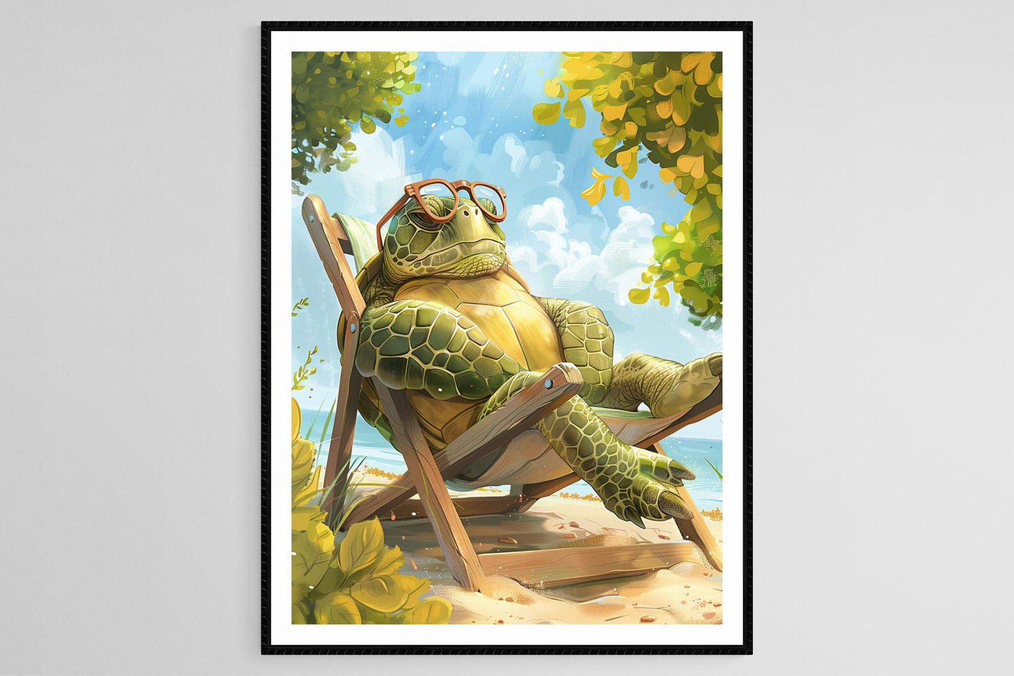 Affiche Tortue Relaxant sur Chaise Longue – Impression Artistique Solaire