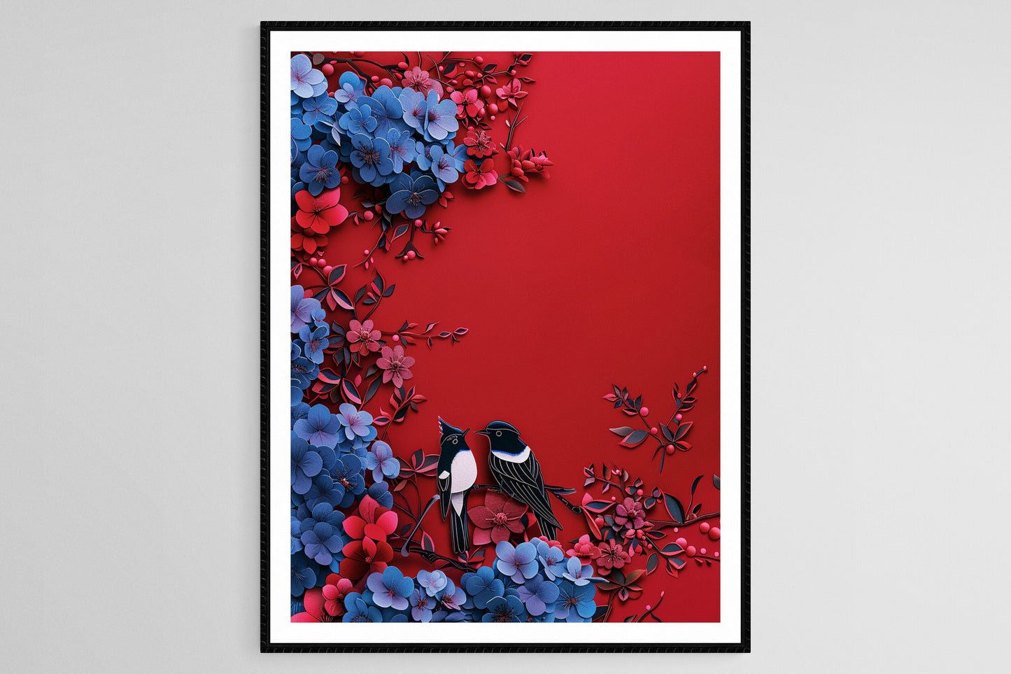 Affiche Oiseaux Pie - Illustration Rouge et Bleue, Cadeau pour Amoureux de la Nature