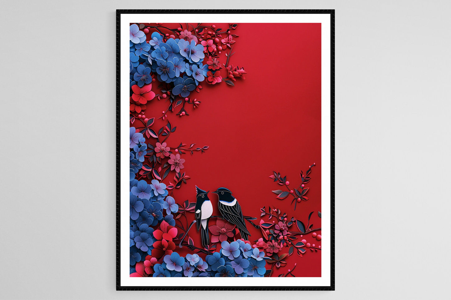 Affiche Oiseaux Pie – Illustration Rouge et Bleu, Cadeau pour Amateurs d'Oiseaux