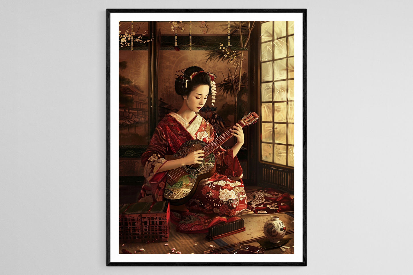 Affiche Geisha Shamisen – Tableau aquarelle japonaise pour déco intérieure