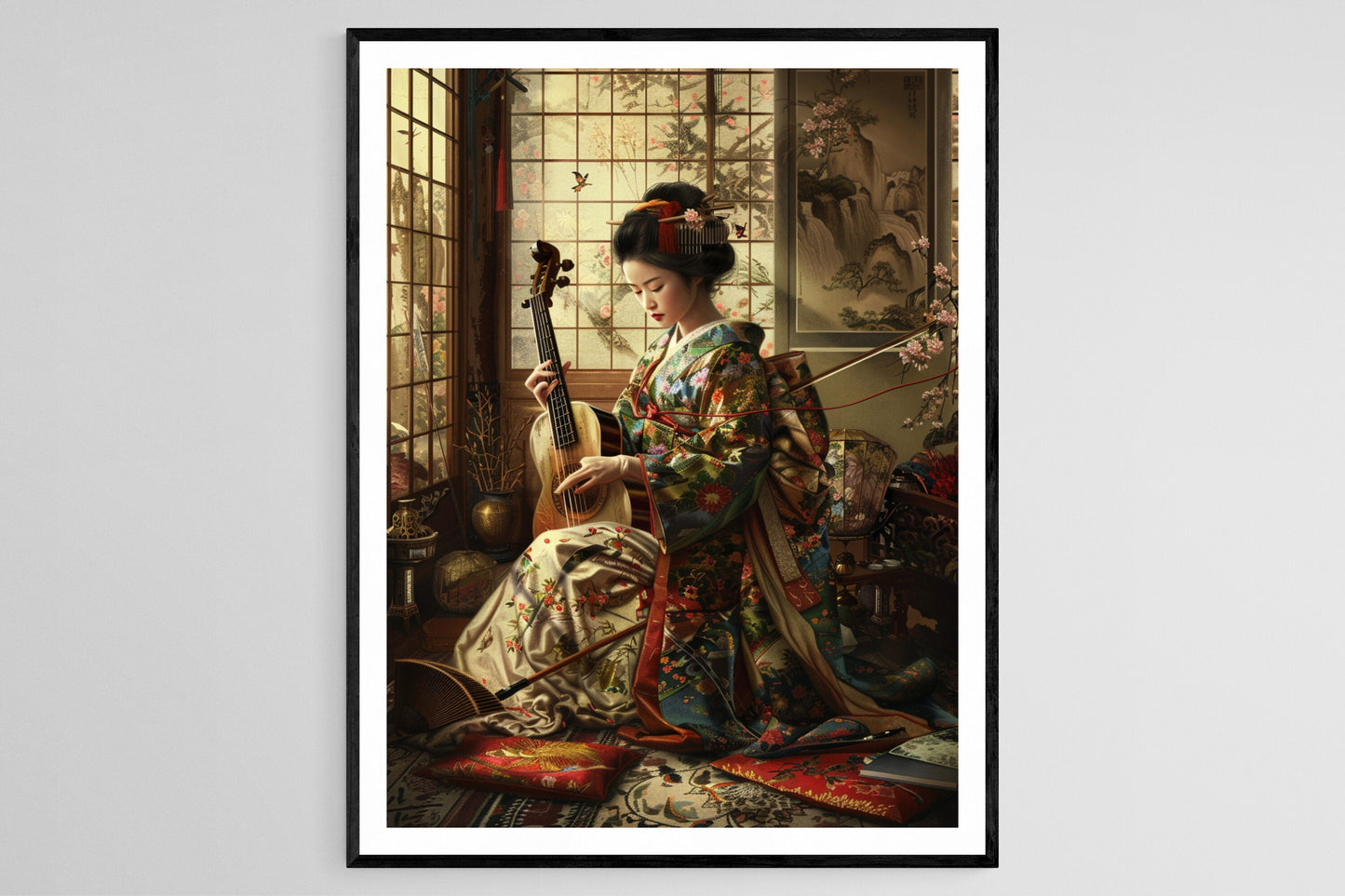 Affiche Geisha et Shamisen – Imprimé d'art japonais élégant pour déco murale