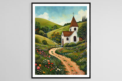 Affiche Église Paisible – Poster Peinture de Style Grant Wood