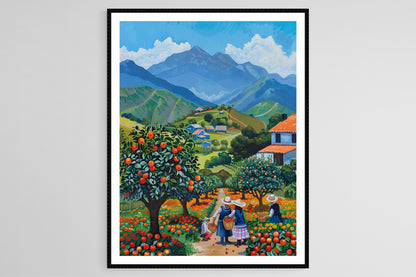 Affiche Verger Chilien – Poster Paysage de Fermiers Cueillant des Pommes