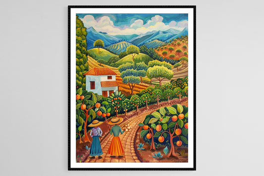 Affiche de verger de papayes paraguayen – Paysage de fermiers en tenue traditionnelle